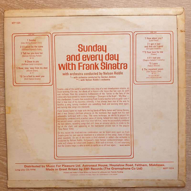 Frank Sinatra - Sunday and Everyday -  Vinyl LP Record - Very-Good+ Quality (VG+)