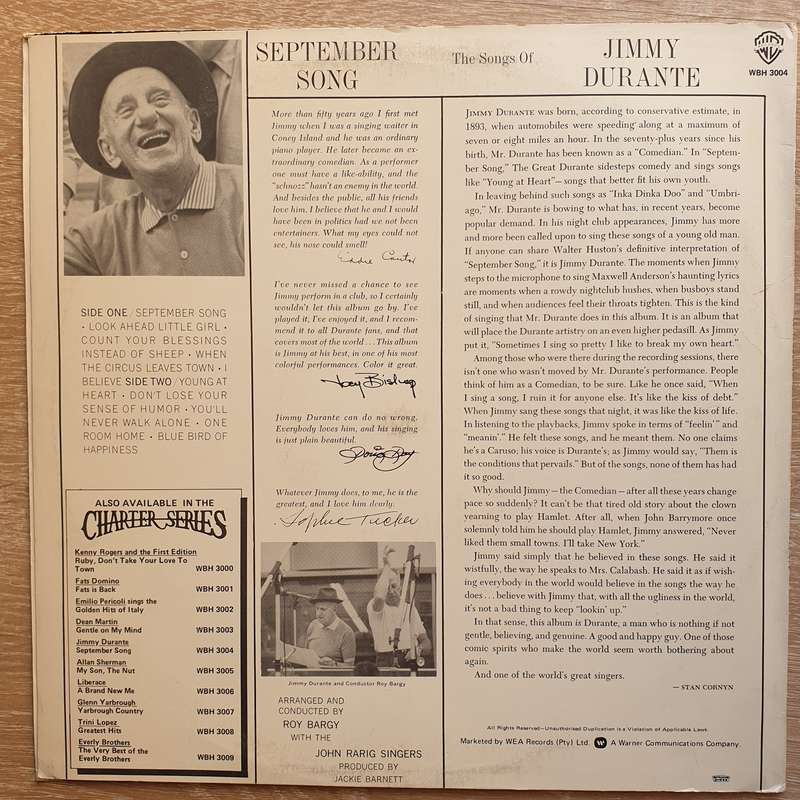 Jimmy Durante  September Song - Vinyl LP Record - Opened  - Very-Good Quality (VG)