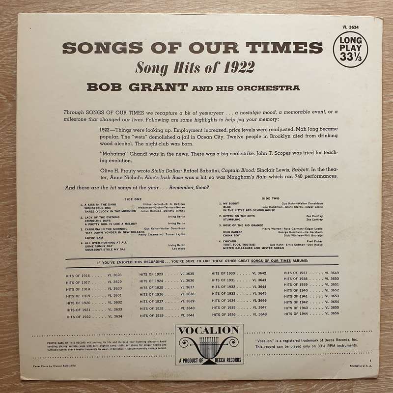 Bob Grant And His Orchestra  Songs Of Our Times (Song Hits Of 1922) - Vinyl LP Record - Ope...