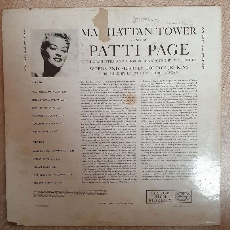 Patti Page  Manhattan Tower -  Vinyl LP Record - Opened  - Good Quality (G)