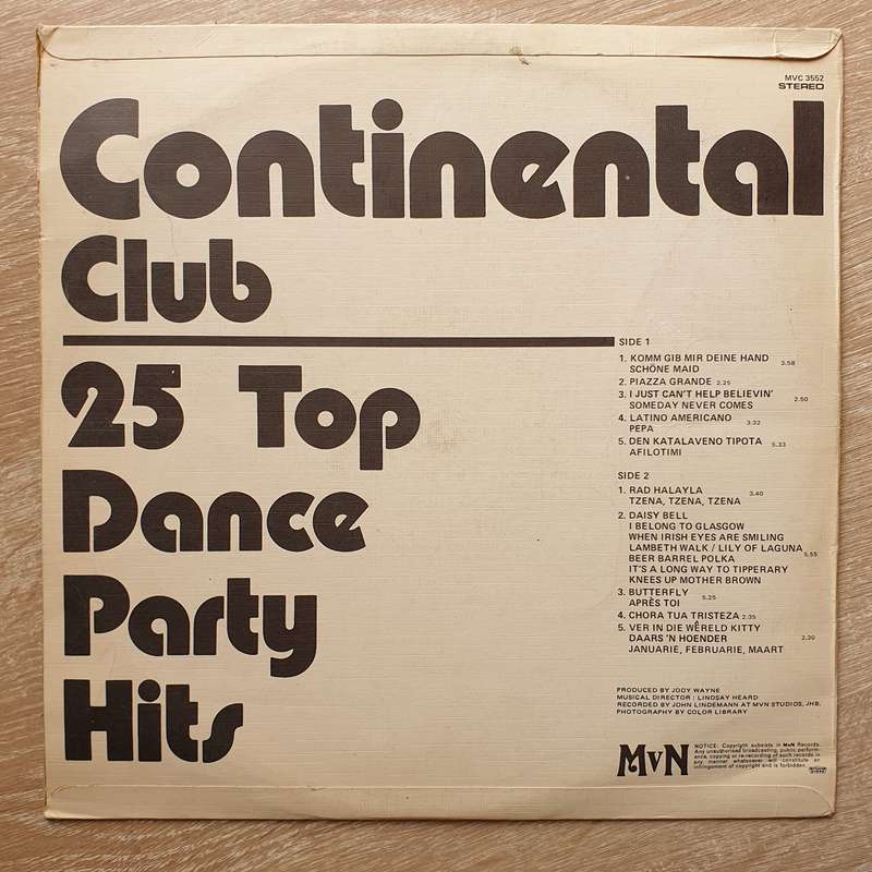 Continental Club - 25 Top Dance Party Hits  Vinyl LP Record - Opened  - Good+ Quality (G+)