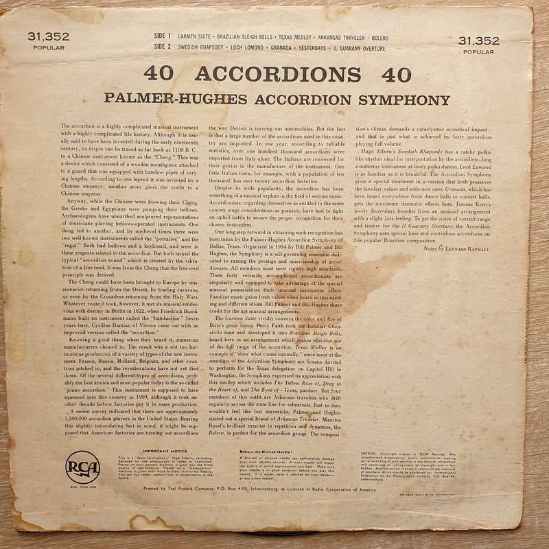 Palmer-Hughes - 40 Accordions - Vinyl LP Record - Opened  - Very-Good- Quality (VG-)