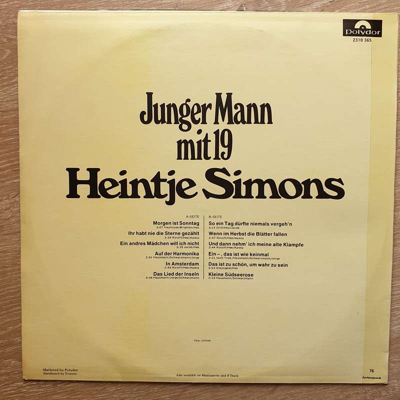 Heintje Simons  Junger Mann Mit 19 -  Vinyl LP Record - Very-Good+ Quality (VG+)