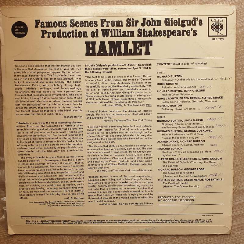 Famous Scenes from Sir John Gielguds - Production of Hamlet with Richard Burton - Vinyl LP Record...