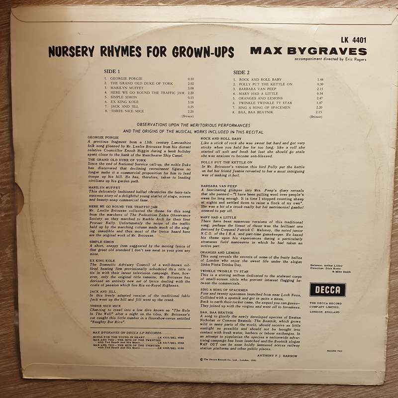 Max Bygraves  Nursery Rhymes For Grown-Ups -  Vinyl LP Record - Very-Good+ Quality (VG+)