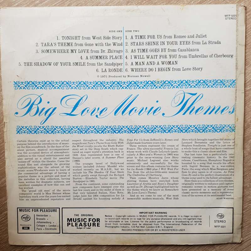 Geoff Love and His Orchestra - Big Love Movie Themes  - Vinyl LP Record - Opened  - Very-Good- Qu...