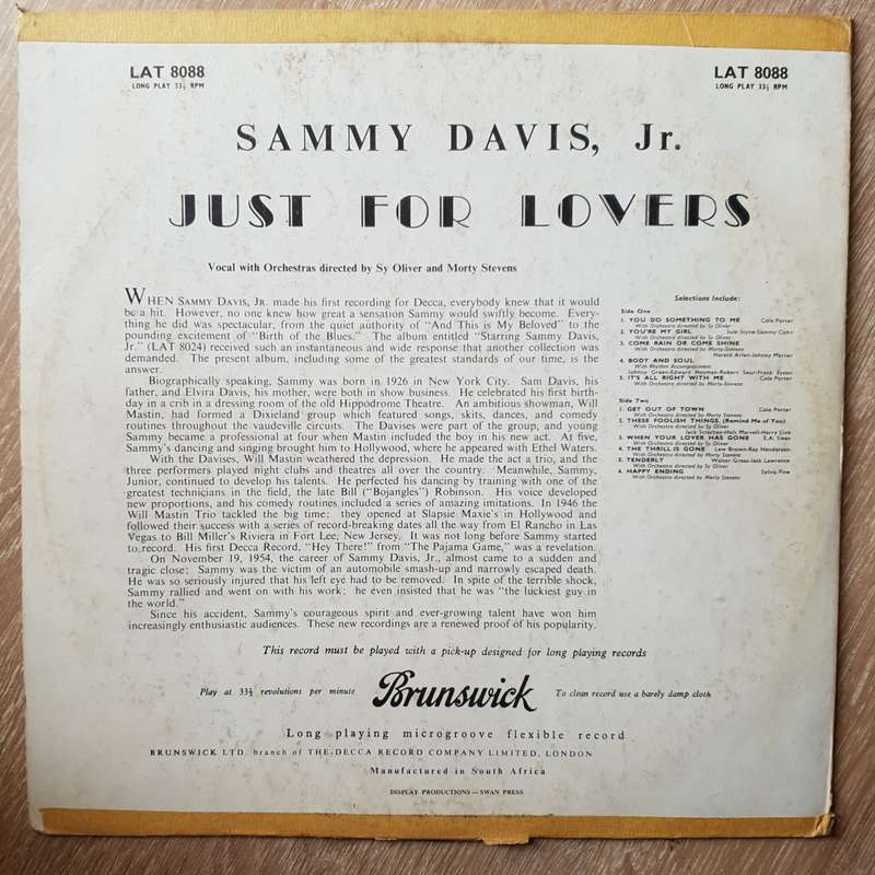Sammy Davis Jr Sings Just For Lovers - Vinyl LP Record - Opened  - Good+ Quality (G+)