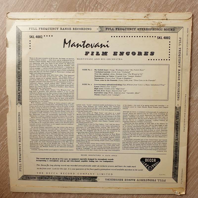 Mantovani And His Orchestra  Film Encores - Vinyl LP Record - Very-Good+ Quality (VG+)
