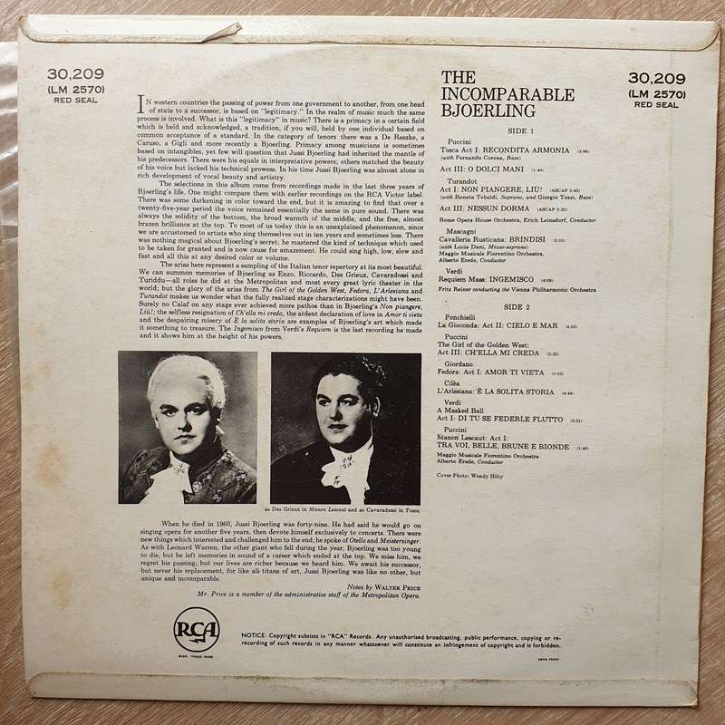 Jussi Björling  The Incomparable Bjoerling - Vinyl LP Record - Very-Good+ Quality (VG+)