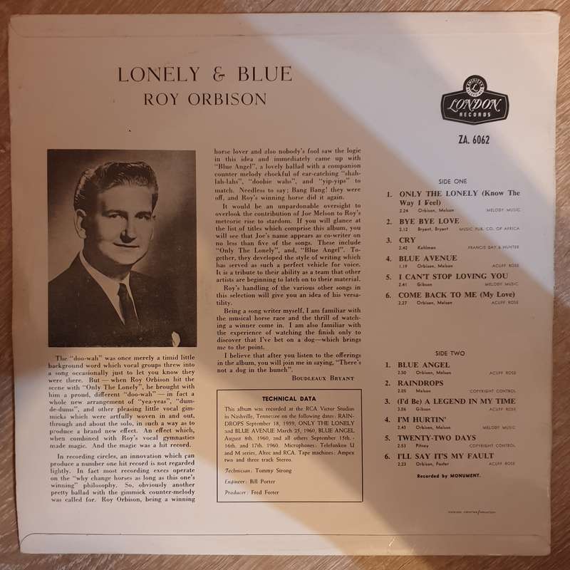 Roy Orbison  Lonely And Blue - Vinyl LP Record - Opened  - Very-Good- Quality (VG-)