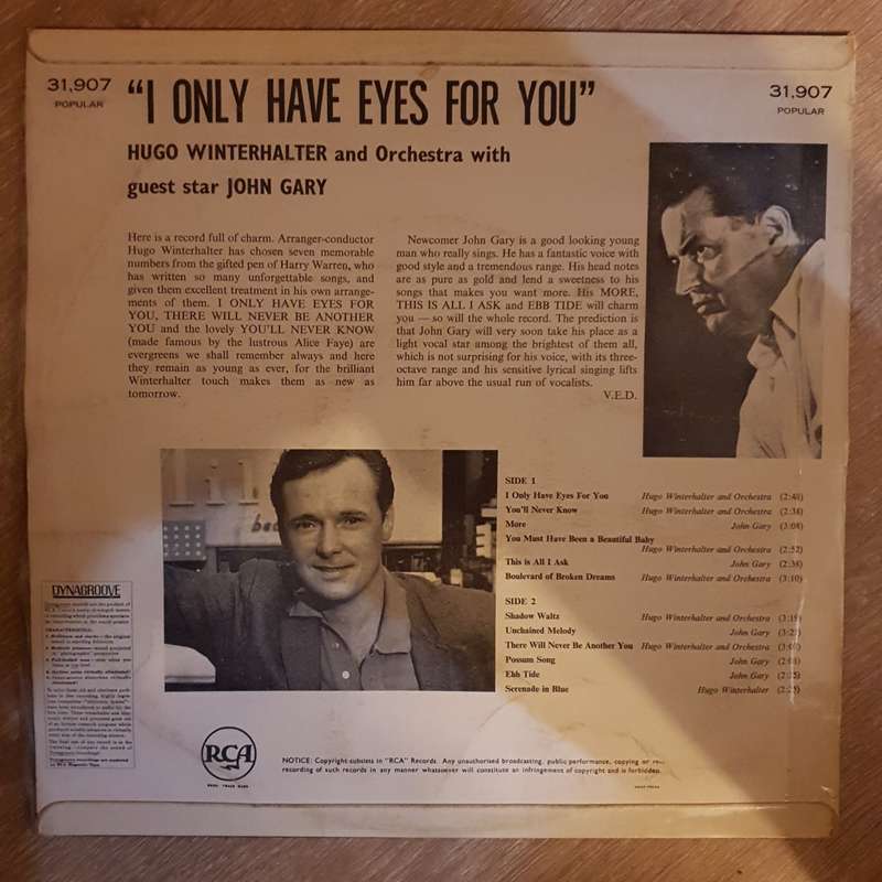 Hugo Winterhalter And His Orchestra  I Only Have Eyes For You -  Vinyl LP Record - Very-Goo...