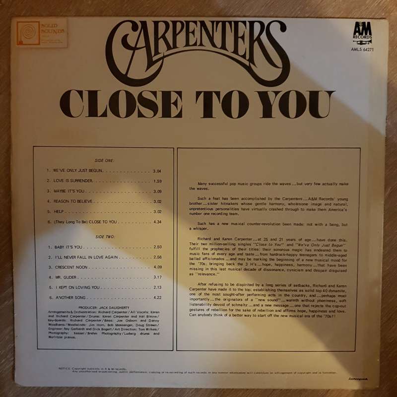 Carpenters - Close To You - Vinyl LP Record - Opened  - Very-Good+ Quality (VG+)