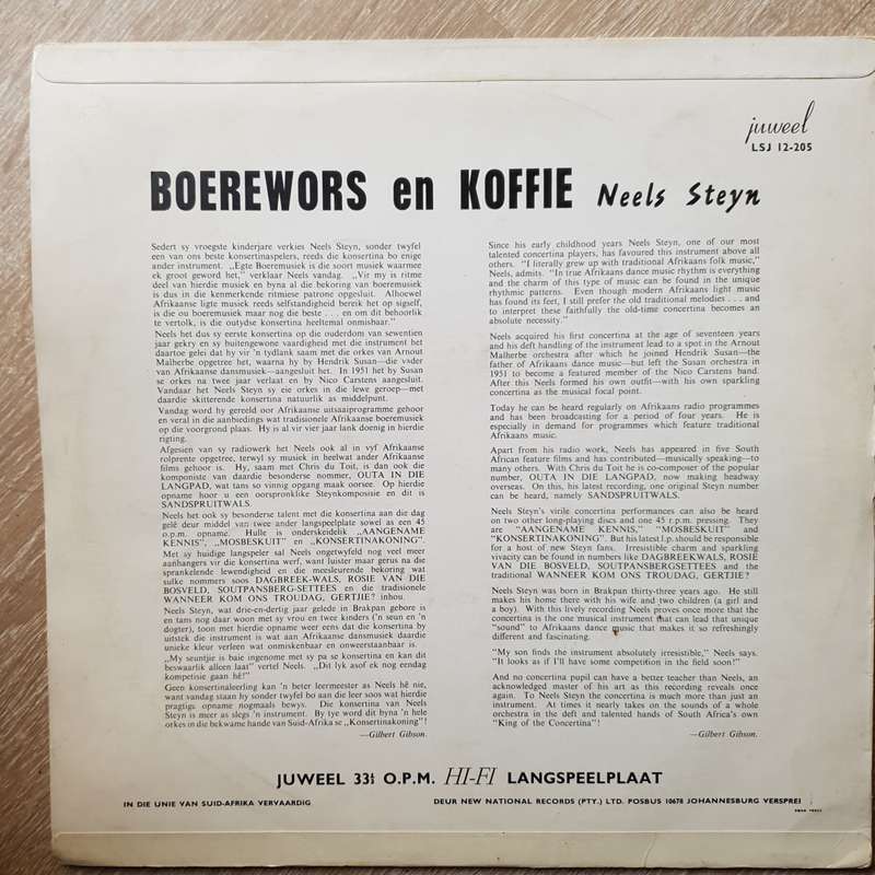 Neels Styn - Boerewors en Koffie - Vinyl LP Record - Opened  - Fair Quality (F)
