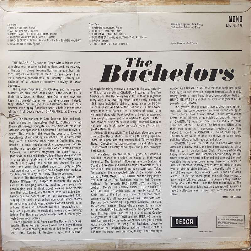 The Bachelors  Charmaine -  Vinyl LP Record - Very-Good+ Quality (VG+)
