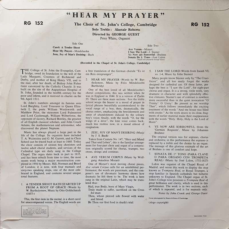 St. John's College Choir  Hear My Prayer -  Vinyl LP Record - Very-Good+ Quality (VG+)