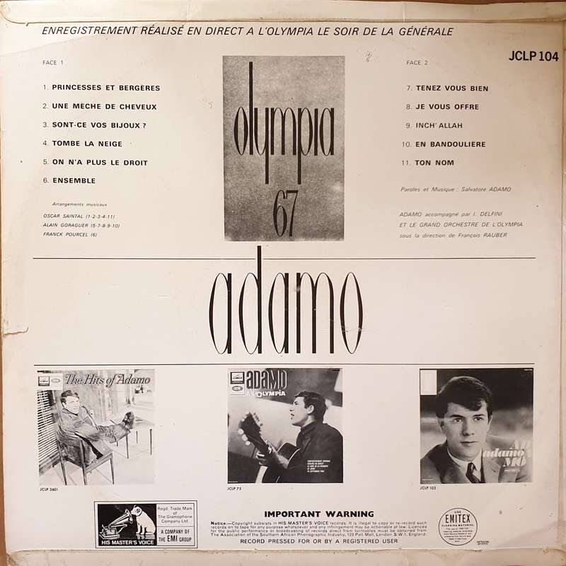 Adamo  Olympia 67 -  Vinyl LP Record - Very-Good+ Quality (VG+)