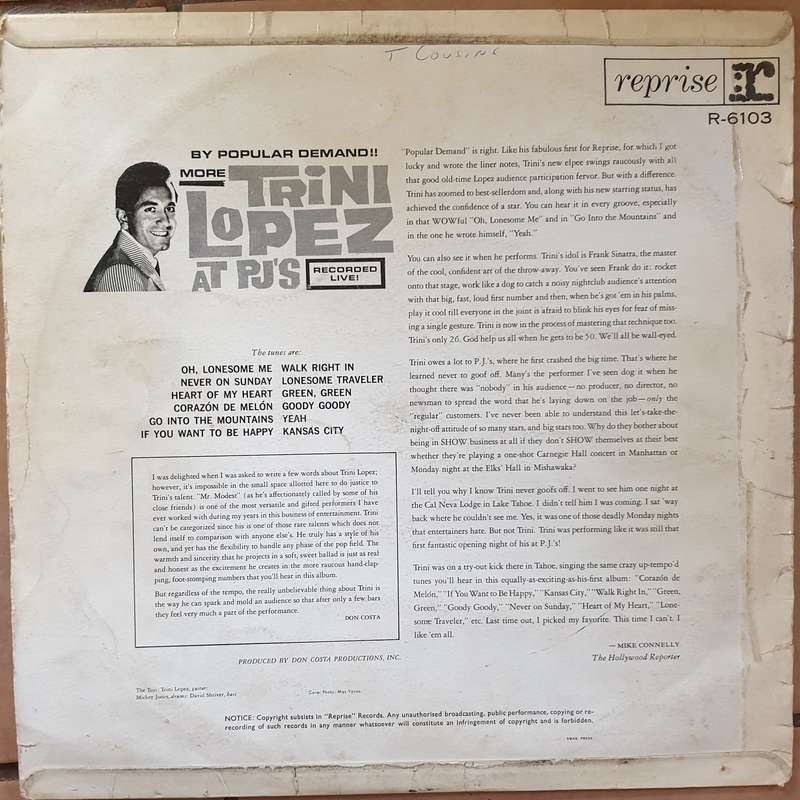 Trini Lopez - More Trini Lopez at PJ's - Vinyl LP Record - Opened  - Fair Quality (F)