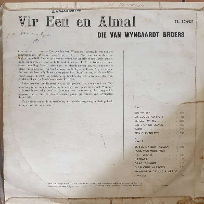 Die Van Wyngaard Broers - Vir Een En Almal - Vinyl LP Record - Opened  - Fair Quality (F)