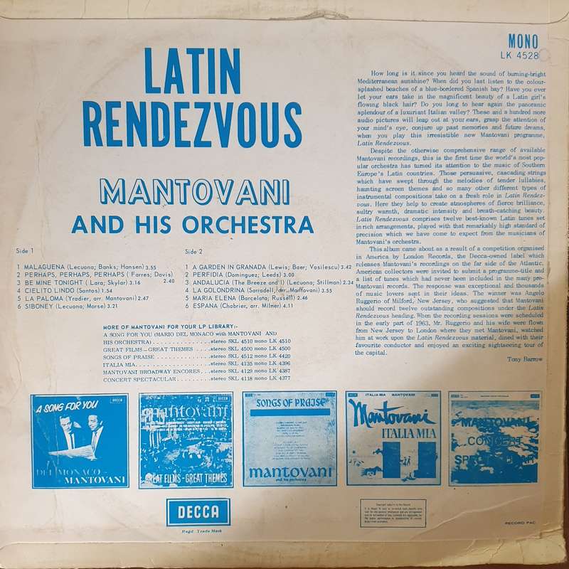 Mantovani And His Orchestra  Latin Rendezvous - Vinyl LP Record - Opened  - Very-Good Quali...