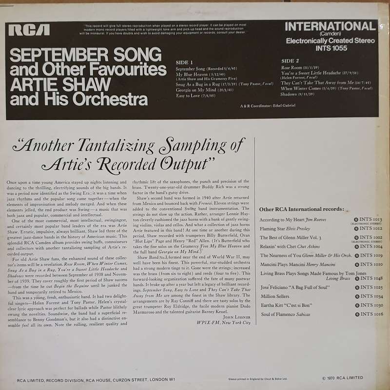 Artie Shaw And His Orchestra  "September Song"  -  Vinyl LP Record - Very-Good+ Quality (VG+)