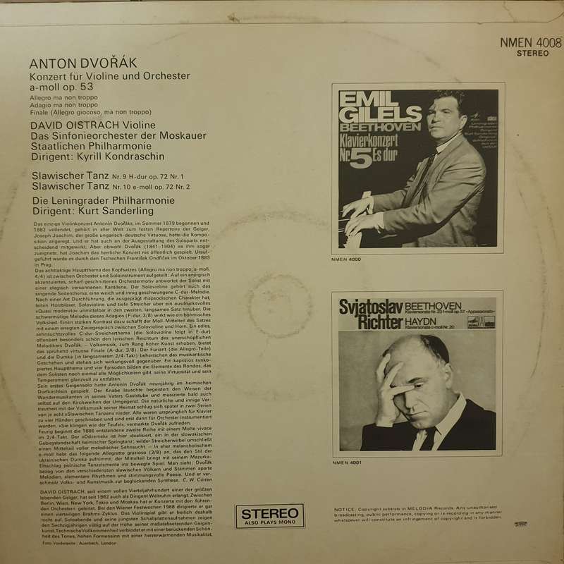 Dvorak , David Oistrach  Violinkonzert A-moll Op. 53 / Slawische Tänze Op. 72 -  Vinyl LP Rec...