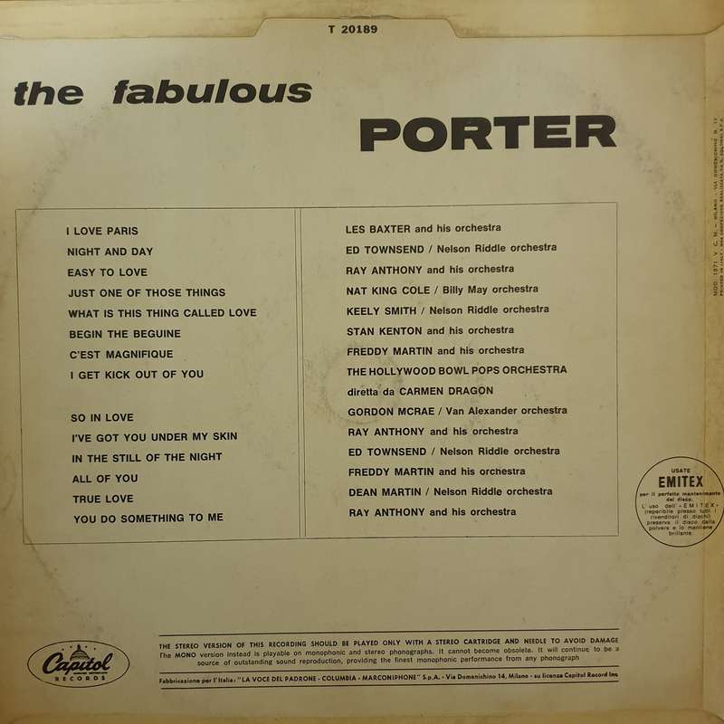 Cole Porter  The Fabulous Porter -  Vinyl LP Record - Very-Good+ Quality (VG+)
