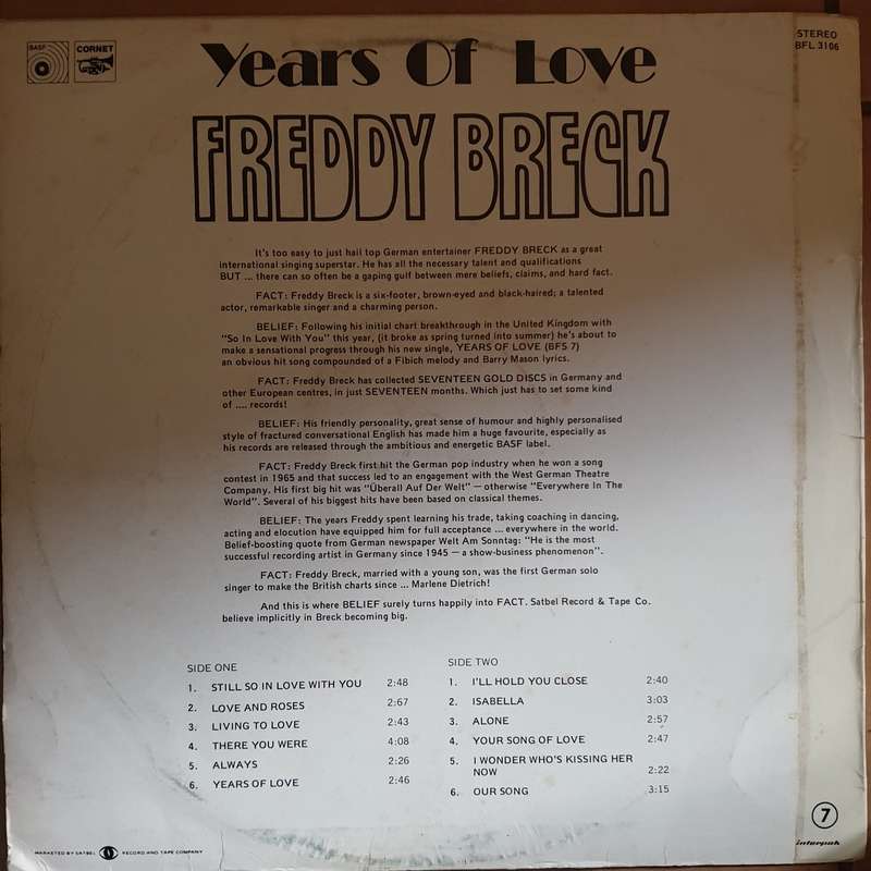 Freddy Breck  Years Of Love  - Vinyl LP Record - Opened  - Very-Good Quality (VG)