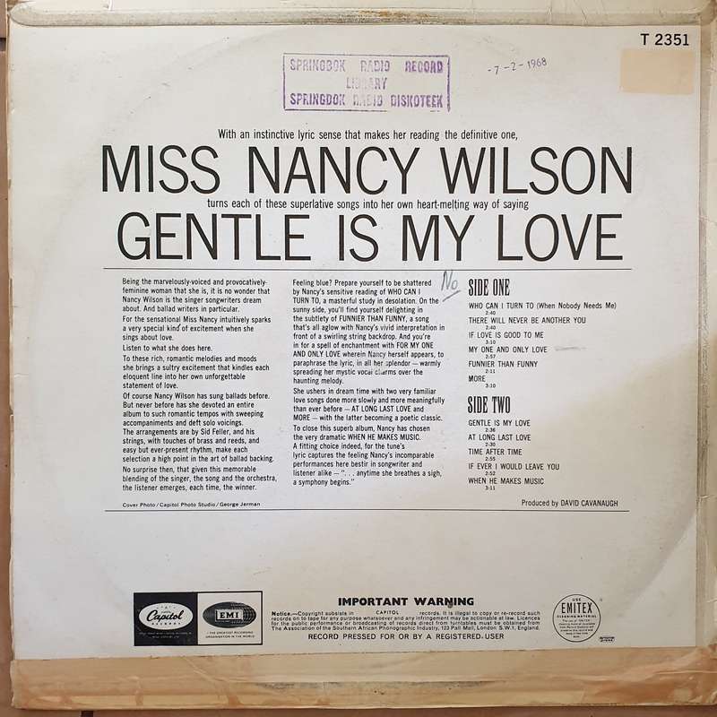 Nancy Wilson  Gentle Is My Love (Capitol) -  Vinyl LP Record - Very-Good+ Quality (VG+)