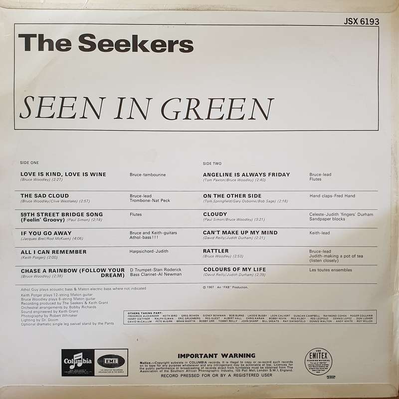 The Seekers  Seekers Seen In Green -  Vinyl LP Record - Very-Good+ Quality (VG+)