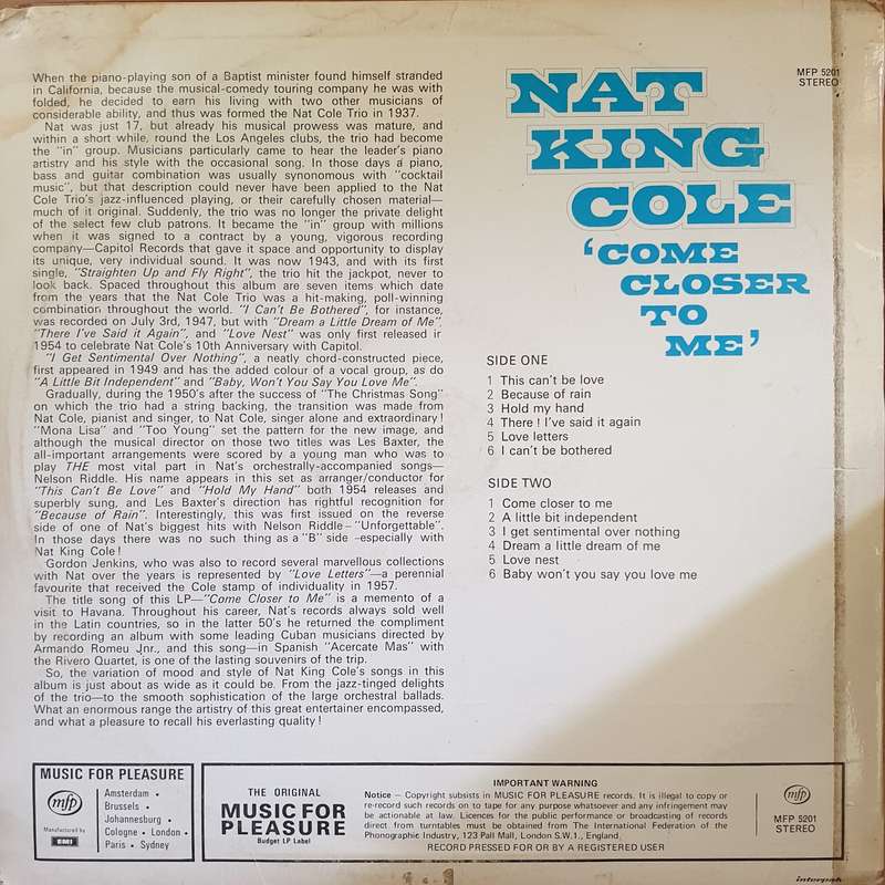 Nat King Cole - Come Closer To Me -  Vinyl LP Record - Very-Good+ Quality (VG+)