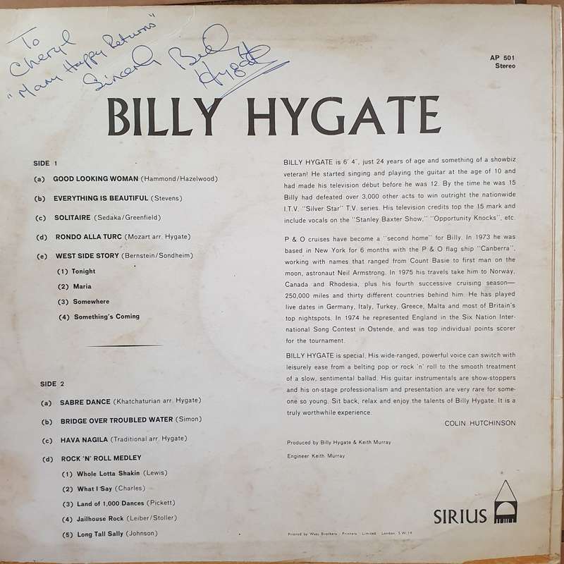 Billy Hygate - Live - Autographed - Vinyl Record - Opened  - Very-Good- Quality (VG-)