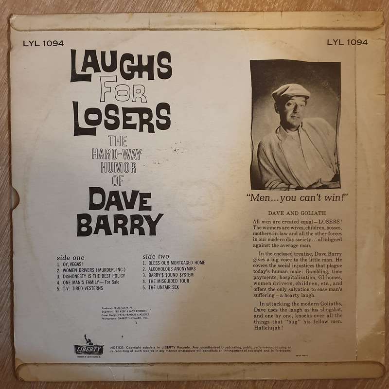 Dave Barry  Laughs For Losers - Vinyl LP - Opened  - Very-Good+ Quality (VG+)