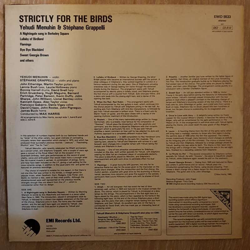 Yehudi Menuhin , Stéphane Grappelli & Max Harris  Strictly For The Birds  - Vinyl LP Record -...