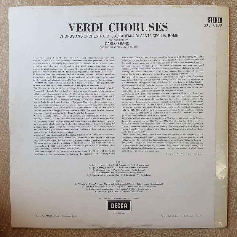 Verdi, The Chorus And Orchestra Of The Accademia di Santa Cecilia, Rome Conducted By Carlo Franci...