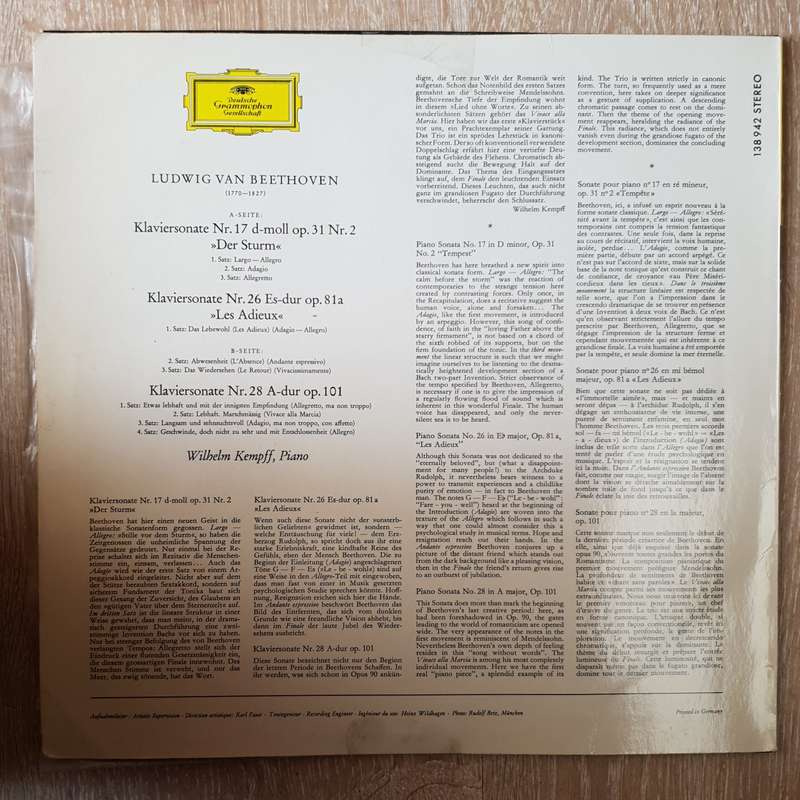 Ludwig van Beethoven - Wilhelm Kempff  Klaviersonaten Nr. 17 »Der Sturm«  Nr. 26 »Les...