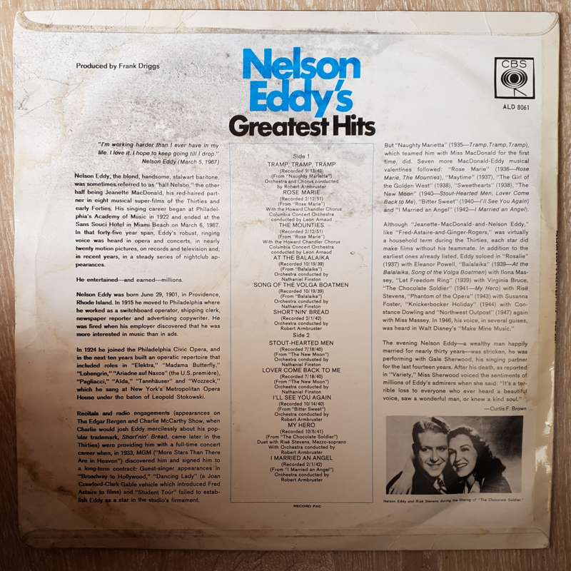 Nelson Eddy - Nelson Eddy's Greatest Hits - Vinyl LP Record - Very-Good+ Quality (VG+)