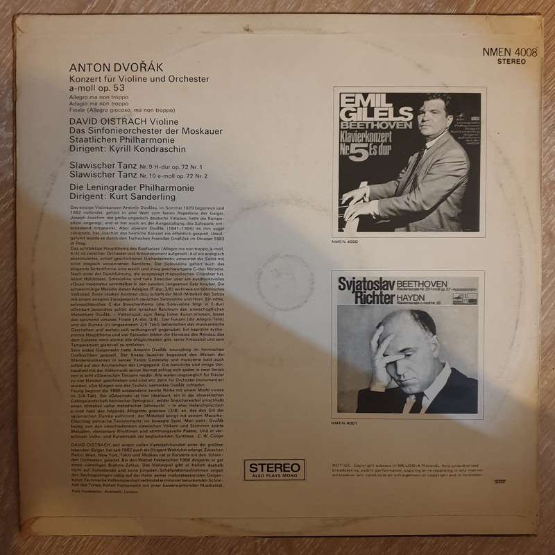 David Oistrach - Dvorak Violonkinzert  Op 53, Slawische Tanze Op 72 -  Vinyl Record - Opened  - V...
