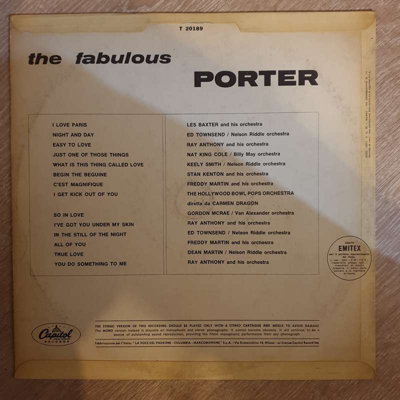 Cole Porter  The Fabulous Porter - Vinyl LP Record - Very-Good+ Quality (VG+)