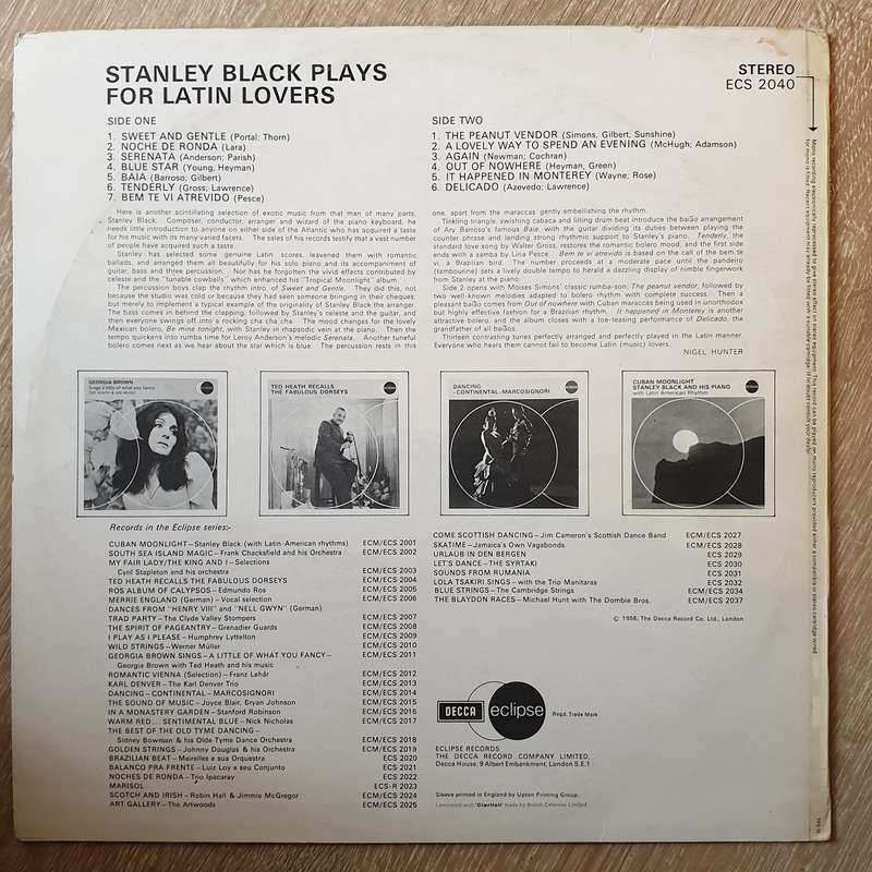 Stanley Black  Plays For Latin Lovers - Vinyl LP Record - Very-Good+ Quality (VG+)