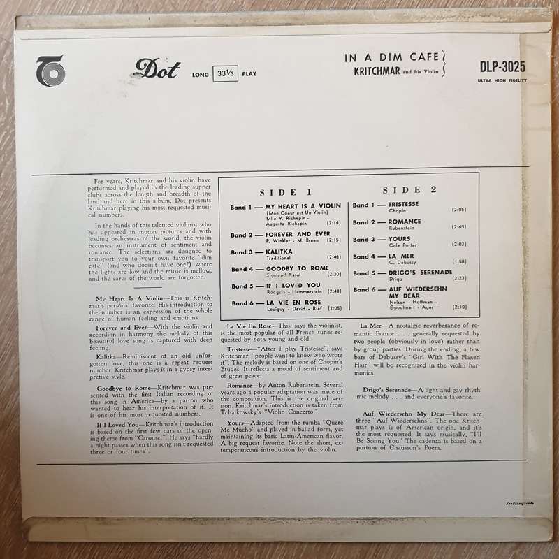 Kritchmar and His Violin  In A Dim Cafe - Vinyl LP Record - Very-Good+ Quality (VG+)