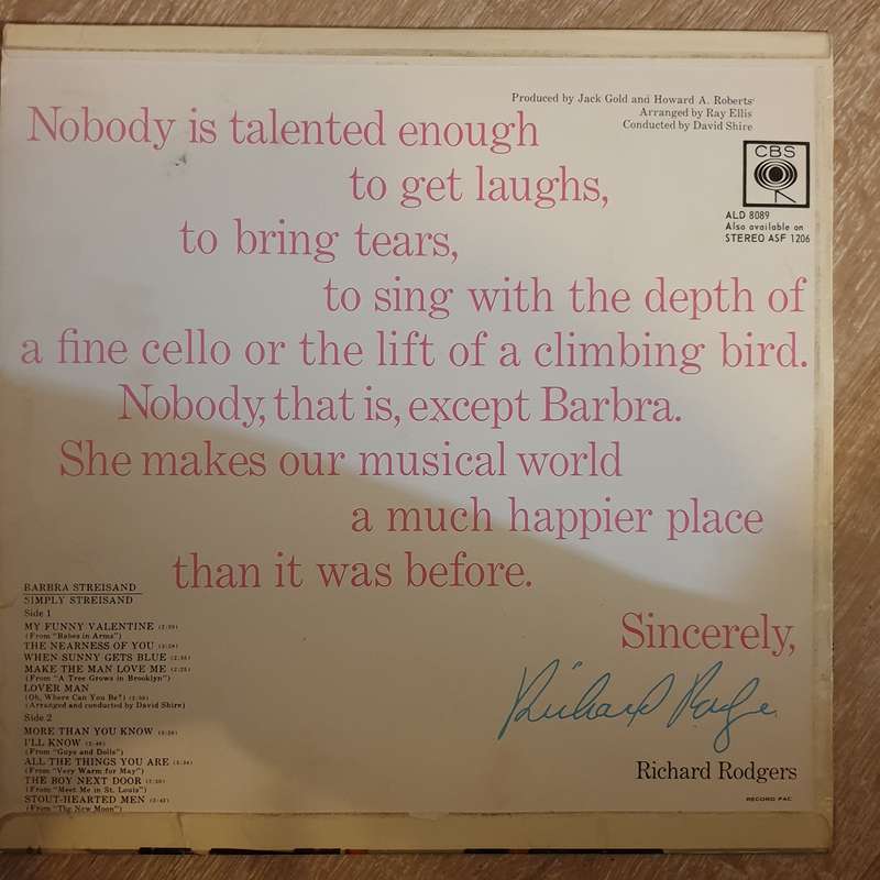 Barbra Streisand  Simply Streisand -  Vinyl LP Record - Very-Good+ Quality (VG+)