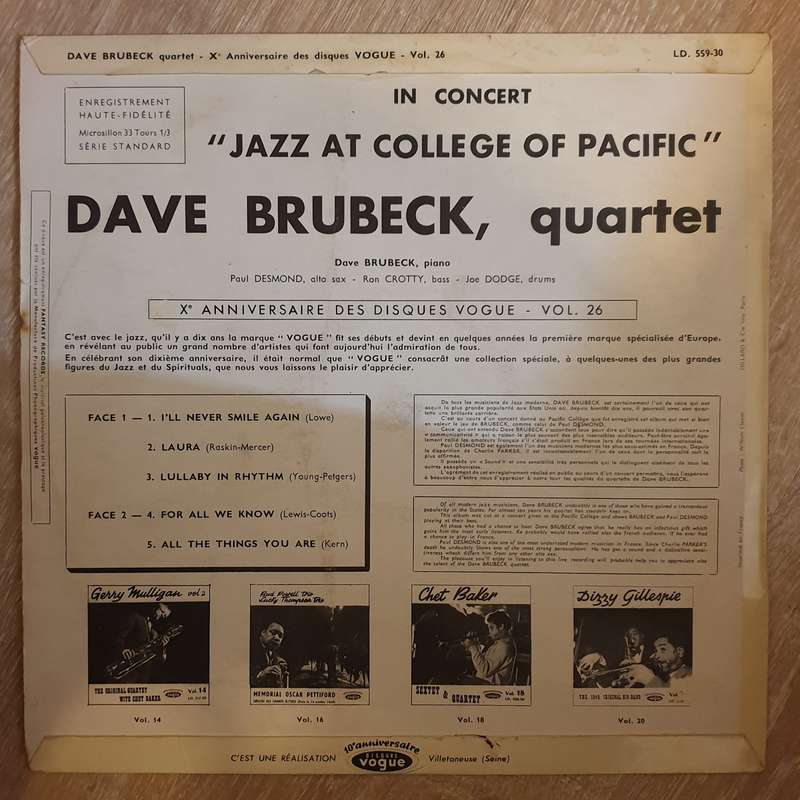 The Dave Brubeck Quartet With Paul Desmond  In Concert "Jazz At College Of Pacific" - Vinyl...