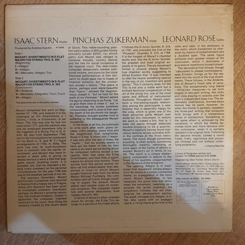 Mozart -Isaac Stern · Pinchas Zukerman · Leonard Rose - Divertimento In E-flat For String Trio,...