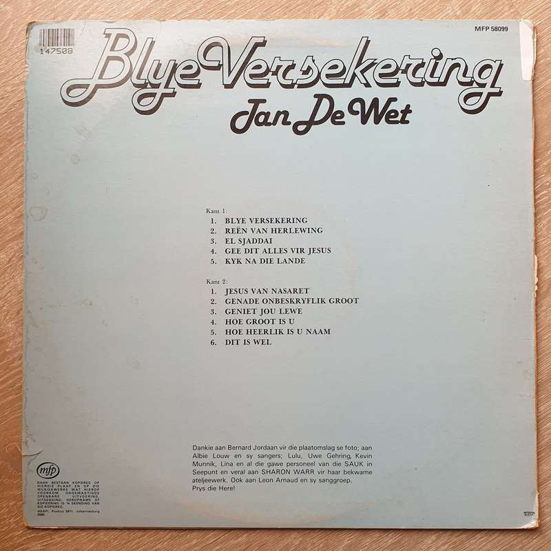 Jan De Wet - Blye Versekering - Vinyl LP Record - Opened  - Very-Good+ Quality (VG+)