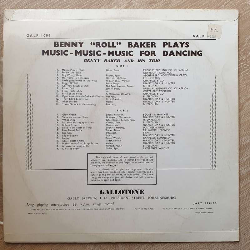 Benny "Roll" Baker and His Trio - Plays Music For Dancing -  Vinyl LP Record - Very-Good+ Quality...