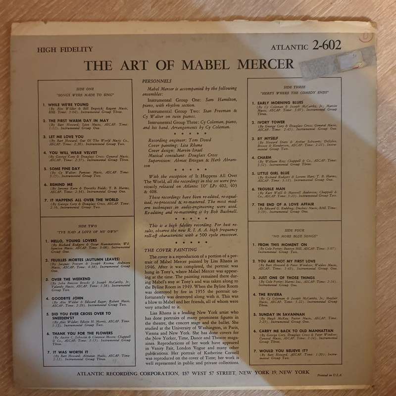 Mabel Mercer  The Art Of Mabel Mercer   Vinyl LP Record - Very-Good+ Quality (VG+)