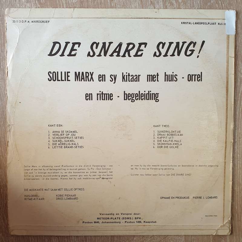 Sollie Marx en sy Kitaar - Die Snare Sing - met Huis-Orrel en Ritme Begeleiding - Vinyl LP Record...