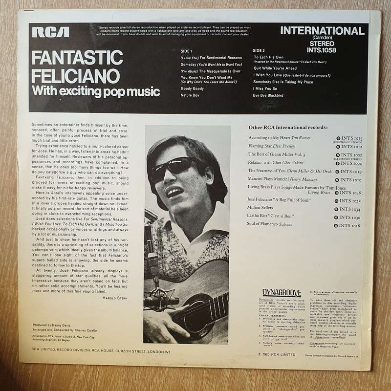 José Feliciano  Fantastic Feliciano - Vinyl LP Record - Very-Good+ Quality (VG+)