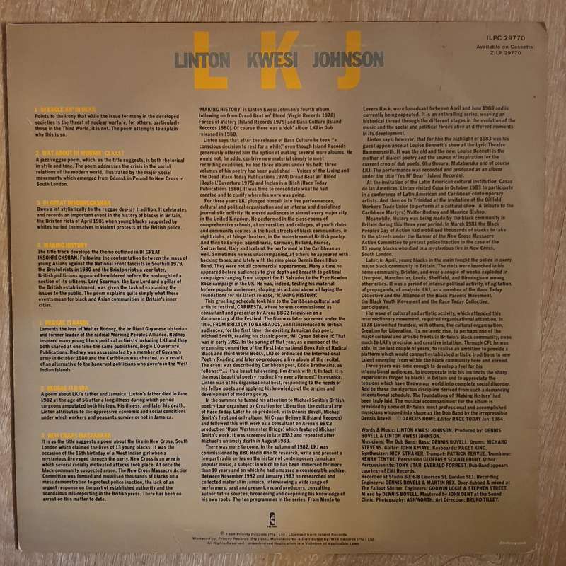 Linton Kwesi Johnson  Making History - Vinyl LP Record - Very-Good+ Quality (VG+)