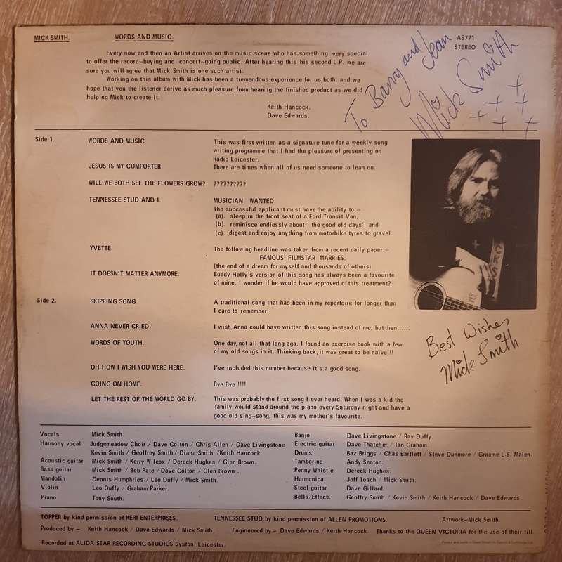 Mick Smith  Words And Music - Vinyl LP Record - Very-Good+ Quality (VG+)
